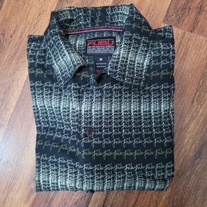 FUBU Mens M Button Up‎ Short Sleeve Shirt Black Beige Script Plaid 90s Retro